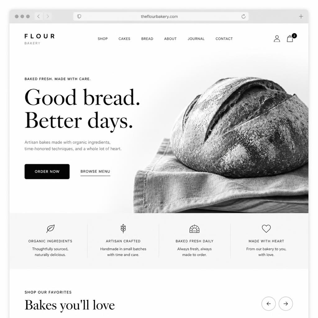 Modern bakery website rebuild with clear typography, appetizing photography, and prominent order button