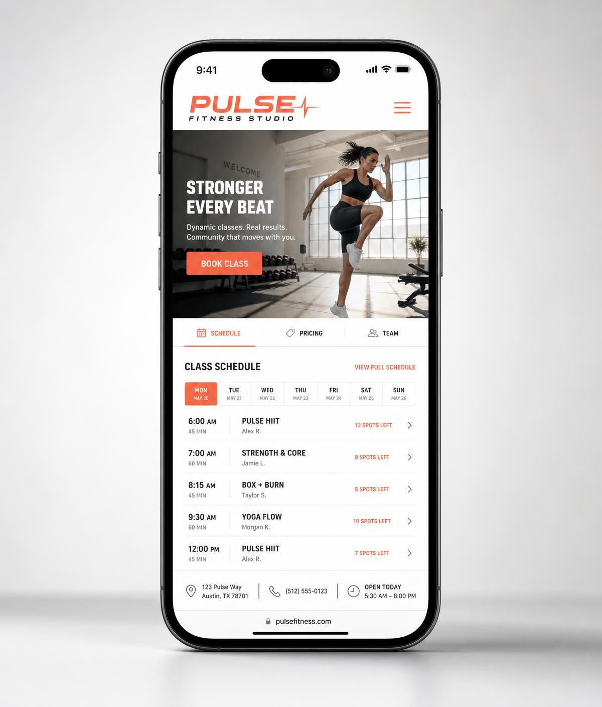 Concept homepage for Pulse Fitness Studio